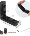 24 pcs 1010 Series Inner Aluminum Extrusion Connectors with screws, L-shaped brackets for 1x1 inch profiles, black metal, size details shown