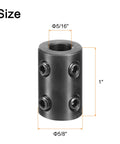 Two Pack Shaft Couplings With Five Sixteenth Inch Bore And Five Eighth Inch Outer Diameter One Inch Long Black Oxide Steel Rigid Coupling With Four Set Screws For Torque Transfer In DIY Motors Wheels And Machinery.