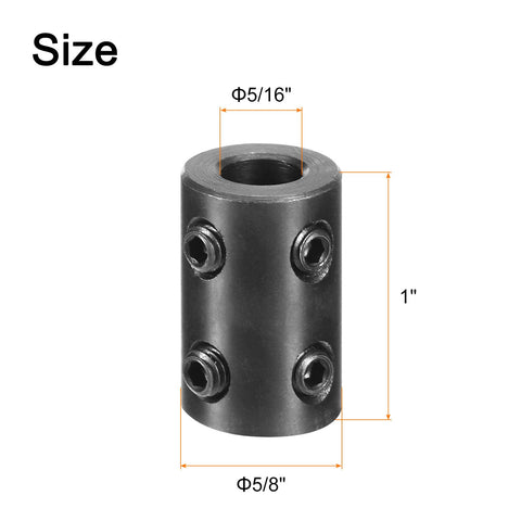 Two Pack Shaft Couplings With Five Sixteenth Inch Bore And Five Eighth Inch Outer Diameter One Inch Long Black Oxide Steel Rigid Coupling With Four Set Screws For Torque Transfer In DIY Motors Wheels And Machinery.