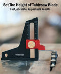 Pro Grade Woodworking Height And Depth Gauge Set with setup blocks for table saw, CNC machined aluminum, laser engraved scale.