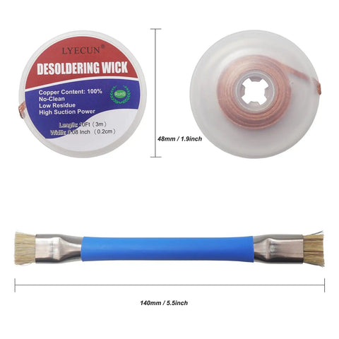 3 Piece Solder Wick Set With 20 Feet Braided Desoldering Wicks And Anti Static PCB Cleaning Brush, shown with product dimensions.