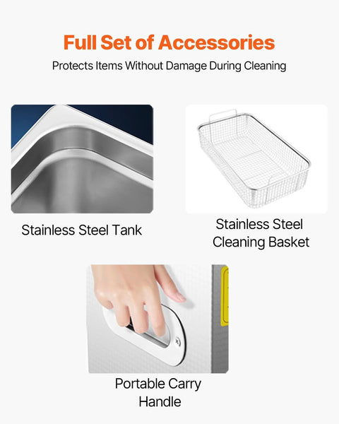 Ultrasonic cleaner accessories: 3 items including a stainless steel tank, cleaning basket, and carry handle.