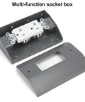 Under Cabinet Hidden Outlet Box With Slim Stainless Steel Build And Powder Coat Finish A Hassle Free Space Saving Electrical Solution For Kitchen Garage Or Workshop Low Profile And Rust Resistant Easy Install Under Counter Power Outlet, shown open with socket and cover.