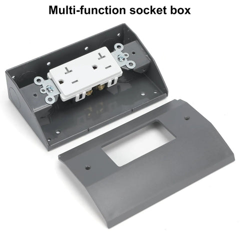 Under Cabinet Hidden Outlet Box With Slim Stainless Steel Build And Powder Coat Finish A Hassle Free Space Saving Electrical Solution For Kitchen Garage Or Workshop Low Profile And Rust Resistant Easy Install Under Counter Power Outlet, shown open with socket and cover.