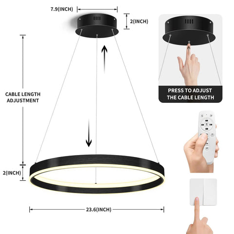 Slick Modern LED Chandelier With Remote Control, 60W Black Ring Ceiling Light, cable length adjustment, dimming remote