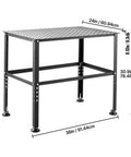 Heavy Duty Steel Welding Table And Workbench 36 By 24 Inches with precise fixture holes, showing dimensions and zero flex design.