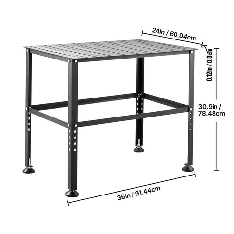 Heavy Duty Steel Welding Table And Workbench 36 By 24 Inches with precise fixture holes, showing dimensions and zero flex design.