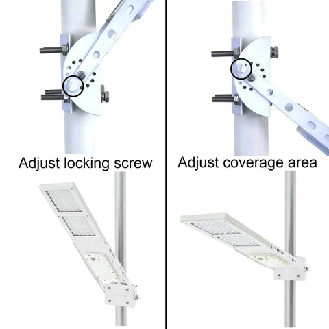 Installation of Solar Street Light With Motion Sensor Three Mode Outdoor Lighting For Dusk To Dawn Dim Then Bright Motion Activated Or Full Bright On Demand with adjustable mount on pole.