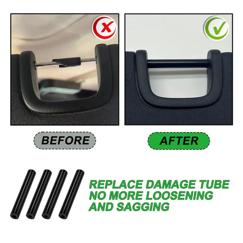 Comparison of Jeep Wrangler sun visor with sagging tube and repaired with Jeep Wrangler Sun Visor Repair Kit 2007 2017 JK JKU Replacement.