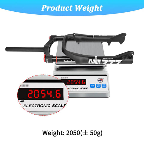 Front Fork For Four Inch Fat Tires With 130mm Travel And Crown Lockout on electronic scale showing weight of 2050 grams
