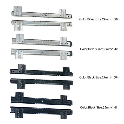 Full Extension Ball Bearing Drawer Slides 1 Pair For Home Office Long Rail Silver 27mm 1.06 Inch Easy Tool Free Installation With Detachable Quick Release Latches For Fully Extendable Maximum Storage Access, showing silver and black slides in 27mm and 35mm widths