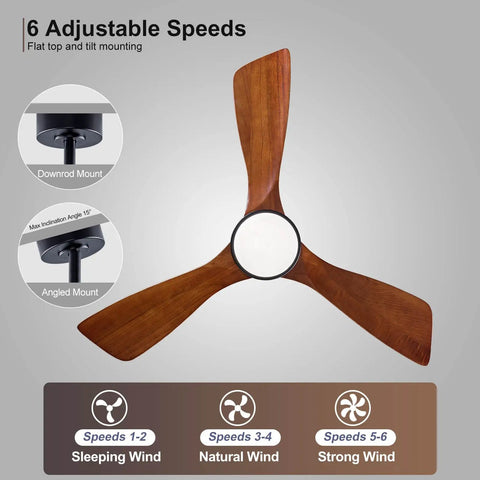 Lit 42 Inch Black Ceiling Fan With Remote And Lights Dimmable LED showcasing adjustable speeds and solid wood blades.