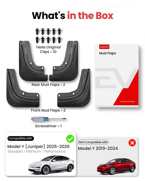 Tesla Model Y Juniper Mud Flaps All Weather Splash Guards Set No Drilling Required Protect Paint for 2025 2026 Model Y 4 Piece Kit