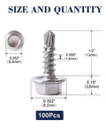 Top Sh*...* pack of 100 #8 hex washer head self tapping steel screws, 1/2 inch length, detailed size measurements.
