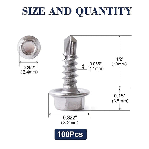 Top Sh*...* pack of 100 #8 hex washer head self tapping steel screws, 1/2 inch length, detailed size measurements.