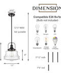 Diagram of black farmhouse pendant light with clear glass schoolhouse style, E26 dimmable fixture, dimensions, and compatible bulbs.