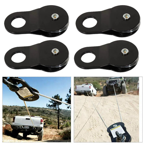 Beefy Heavy Duty Recovery Winch Snatch Block Pulley Kit For One Half To Three Quarter Inch Cable Twenty Thousand Pound Capacity Forged Steel With Black Powder Coat Four Block Set, four black pulleys