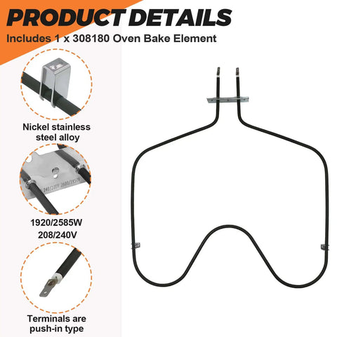 Upgraded 2600W 240V Oven Bake Element Replacement For Whirlpool And Kenmore Ovens, Rock Solid WP308180 Fit, product details view