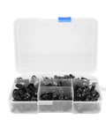 Aluminum Motorcycle Screw Kit 177 Piece Set M5 M6 Fairing Fasteners for Sportbikes in clear plastic box with durable black finish hardware