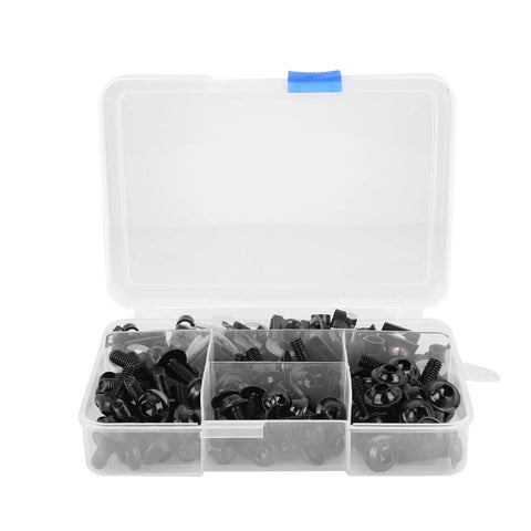Aluminum Motorcycle Screw Kit 177 Piece Set M5 M6 Fairing Fasteners for Sportbikes in clear plastic box with durable black finish hardware