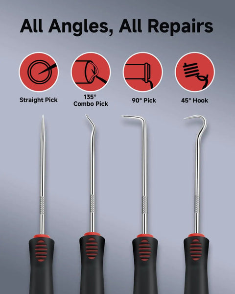 4-Piece Mechanic Pick Set With Soft Grip Handles for O Rings, Oil Seals, Gaskets, Electronics, and Auto Repair.