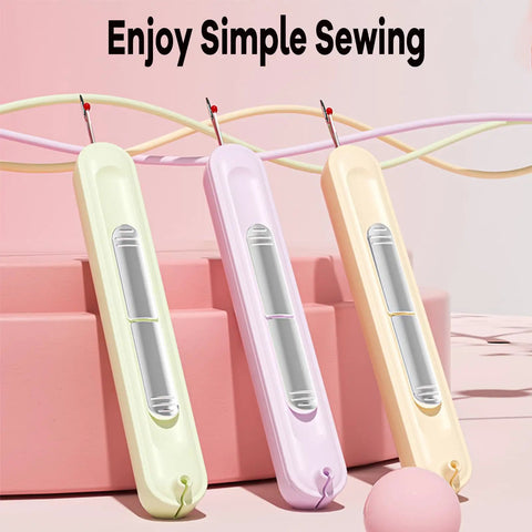 Front view of Upgraded Automatic Needle Threader Set 3 Pack, 2 In 1 Needle Threader and Seam Ripper in pastel colors on display.