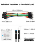 Image showing forty piece 10cm multicolor male to female jumper wires Dupont cable set for Arduino and Raspberry Pi makers, dimensions labeled.