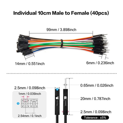 Image showing forty piece 10cm multicolor male to female jumper wires Dupont cable set for Arduino and Raspberry Pi makers, dimensions labeled.