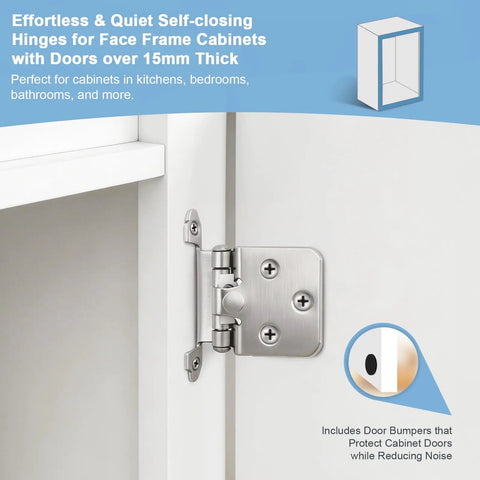 Soft Close 1/2 Overlay Brushed Nickel Kitchen Cabinet Door Hinges For Face Frame Cabinets mounted on a white cabinet door.
