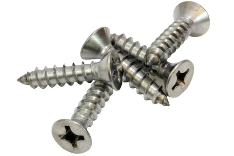 Number Twelve By One Inch Stainless Steel Wood Screws Flat Head Phillips Drive 304 Grade Rust Resistant Decking Fasteners Built Tough For Backyard Buildouts And Fence Fixes Fifty Pack laying on a white surface.