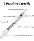 Bulk 100 Pack 1 mL Lab Syringes With 27 Gauge One Half Inch Needles, Individually Sealed For Sterile Use, No Fuss Dosing, Clear Measurement Scale For Precise Dosing, Leak Proof Plunger Design, Great For Labs, Demos, Small Projects. Clear 1 mL syringe with needle and measurement scale.