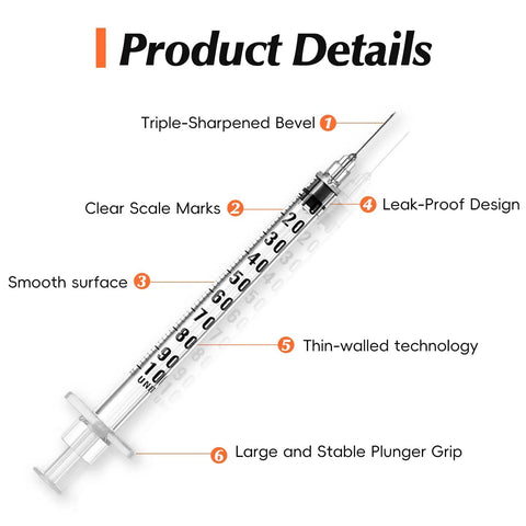 Bulk 100 Pack 1 mL Lab Syringes With 27 Gauge One Half Inch Needles, Individually Sealed For Sterile Use, No Fuss Dosing, Clear Measurement Scale For Precise Dosing, Leak Proof Plunger Design, Great For Labs, Demos, Small Projects. Clear 1 mL syringe with needle and measurement scale.