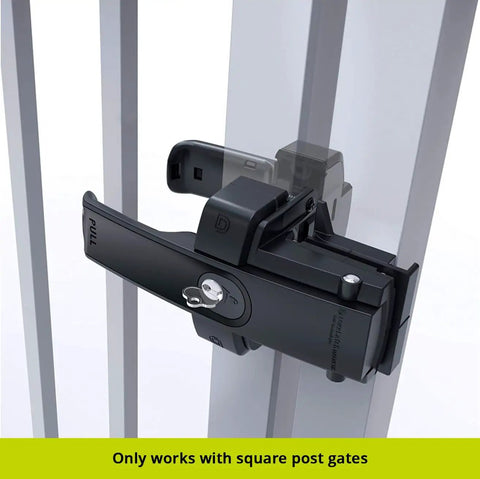 Close-up of Dual Sided Lockable Magnetic Gate Latch Matte Black, designed for square post gates, showcasing easy pull mechanism.