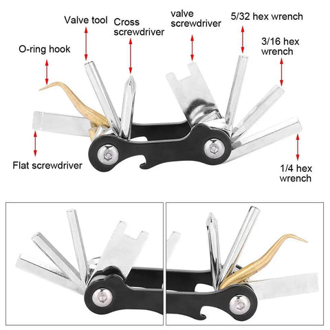 Dive Ready Scuba Multi Tool 8 In 1 Save A Dive Kit Mini Metal Tool with hex wrenches and screwdrivers displayed open