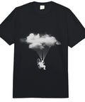 Black Powered Paragliding Paramotor Paraglider Tee For Adults, depicting a paraglider design with cloud graphics, relaxed fit.