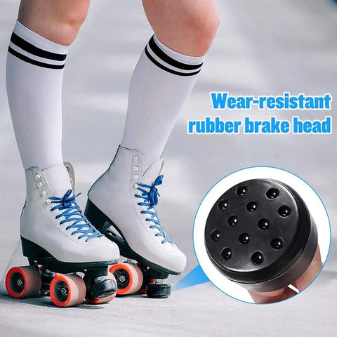 Skater wearing white quad skates with Two Pack 85A Toe Stops For Roller Skates With Nine Sixteenth Inch Bolt displayed inset.