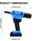 Heavy Duty Cordless Rivet Gun With Brushless Motor And Full Automatic Operation For Industrial Jobsite Tasks dimensions shown