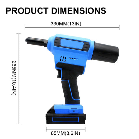 Cordless Pop Rivet Gun Powered By A Quiet Brushless Motor And Rock Solid Lithium Battery shown with dimensions 330mm x 265mm x 85mm.