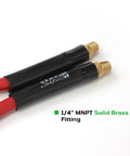 Close-up of red hose with black casing and 1/4” MNPT solid brass fittings, component of 3/8 Inch By 25 Foot PVC Air Hose With 3 Foot Lead In And Auto Retracting Latch System Locks At Your Desired Length For A Clean, Tidy Shop Built From High Impact Polypropylene For Tough, Flexible, Long Lasting Performance.