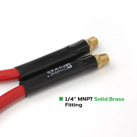 Close-up of red hose with black casing and 1/4” MNPT solid brass fittings, component of 3/8 Inch By 25 Foot PVC Air Hose With 3 Foot Lead In And Auto Retracting Latch System Locks At Your Desired Length For A Clean, Tidy Shop Built From High Impact Polypropylene For Tough, Flexible, Long Lasting Performance.