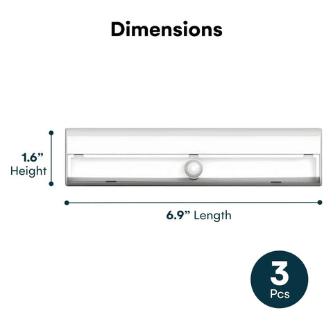 Dimensions of Wireless LED Stair Lights With Motion Sensor, showing size 6.9x1.6 inch for 3 Pack Battery Operated Night Lights.