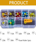 Premium Heavy Duty Universal Auto Blade Fuses Assortment Kit With Fuse Removal Tool, 100pc in a clear organizer box.