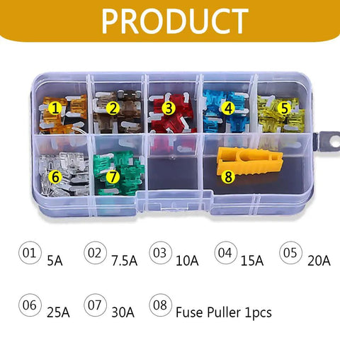 Premium Heavy Duty Universal Auto Blade Fuses Assortment Kit With Fuse Removal Tool, 100pc in a clear organizer box.