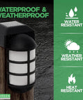 Solar Post Cap Lights For 4x4 Wood Posts Black 4 Pack Outdoor LED Waterproof Nautical Lighting on wet wood post.