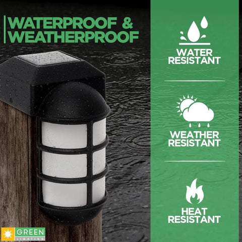 Solar Post Cap Lights For 4x4 Wood Posts Black 4 Pack Outdoor LED Waterproof Nautical Lighting on wet wood post.