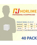 Product packaging of Pack Of 40 5x5x5 White Corrugated Shipping Boxes For Mailing And Packaging, dimensions and logo shown.