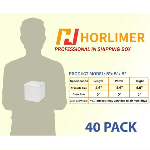 Product packaging of Pack Of 40 5x5x5 White Corrugated Shipping Boxes For Mailing And Packaging, dimensions and logo shown.