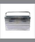 No Fuss Folding Stainless Steel Gear Case With Easy Grip Carry Handle, top view showing four tiers and seven trays.