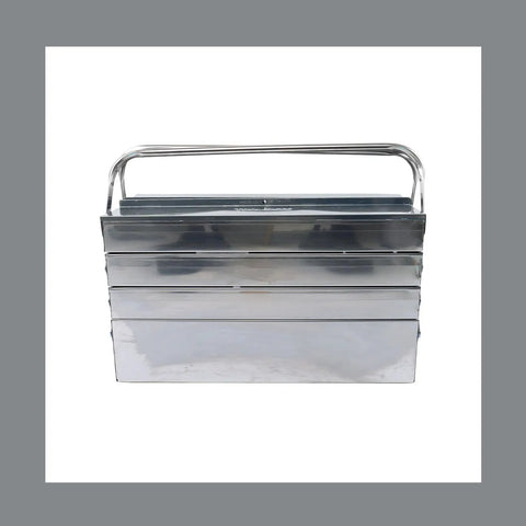 No Fuss Folding Stainless Steel Gear Case With Easy Grip Carry Handle, top view showing four tiers and seven trays.