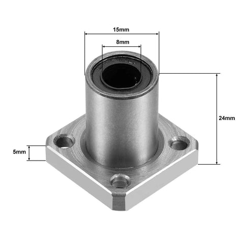Front view of uxcell LMK8UU square flange linear bearing in steel, 8mm bore, 15mm OD, 24mm long